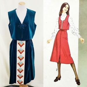 Vintage handmade teal velvet skirt vest set southwestern crosstitch embroidery